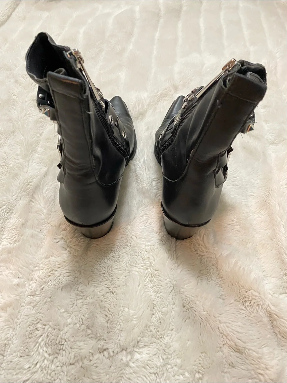 Zara Black Leather Studded Ankle Boots with Buckle Straps Size 8.5 (39)
